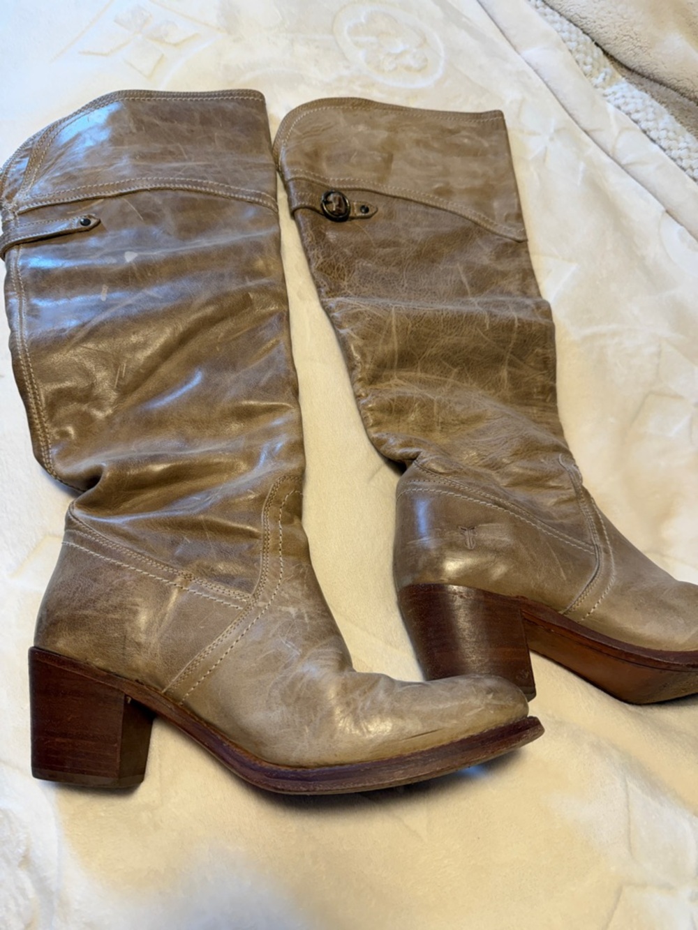 Frye Taupe Leather Mid-Calf Heeled Boots